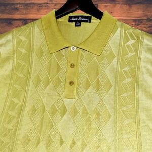 Saint Lorenzo Polo Shirt Men Large Safire Silk Rayon Blend Argyle Gold Old Money